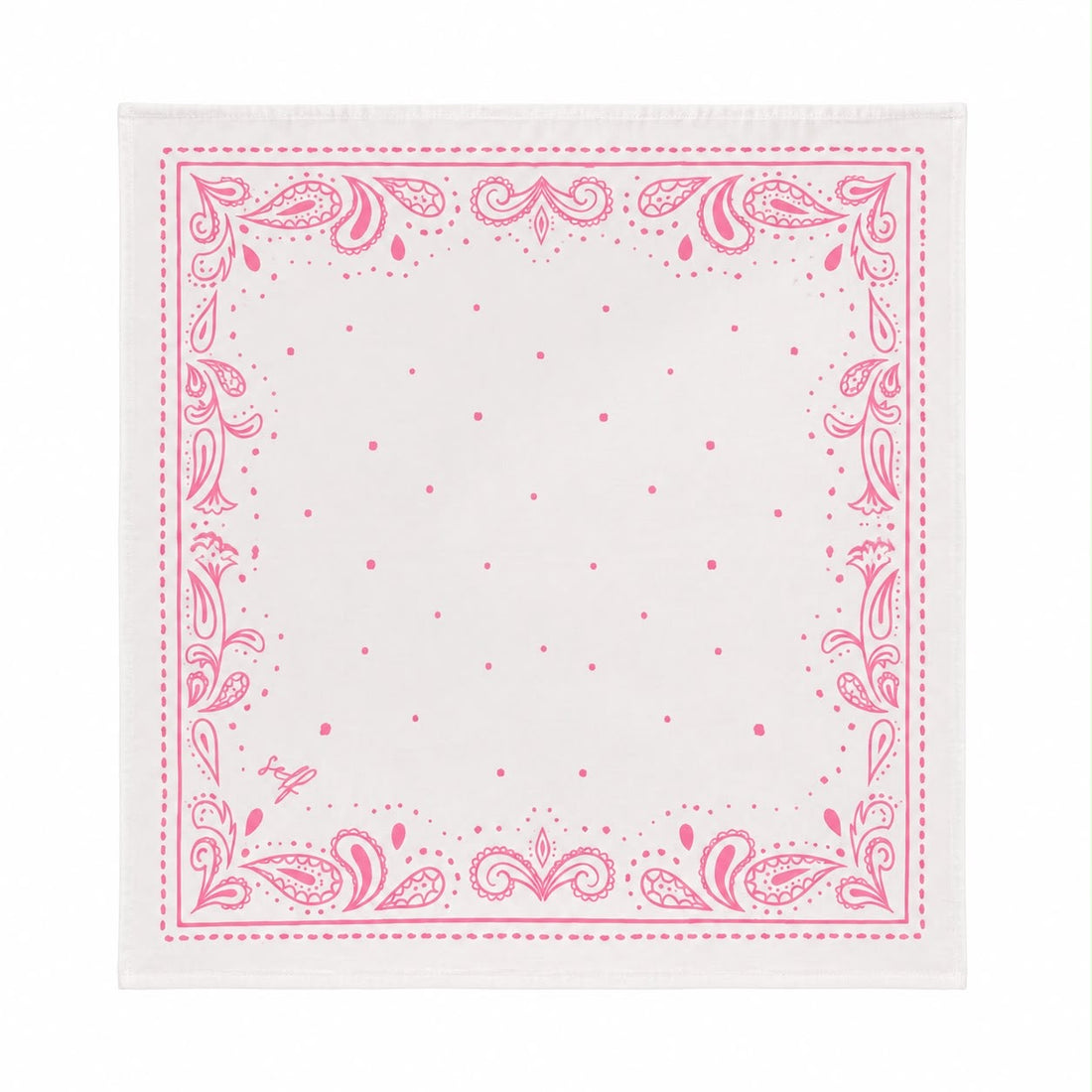 A woman viewed from behind wearing a white bandana with pink paisley patterns tied around her head, set against a rustic beige wall with a wooden archway.