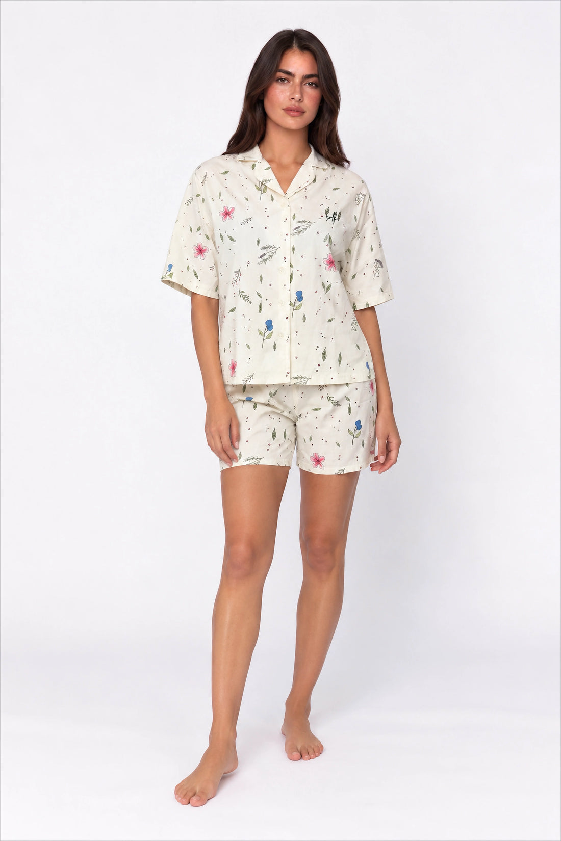 Woman wearing a floral pajama set