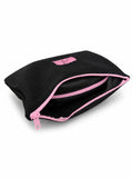 A black textured zippered pouch with pink zipper trim and a small pink logo patch on the front, shown open on a white background.