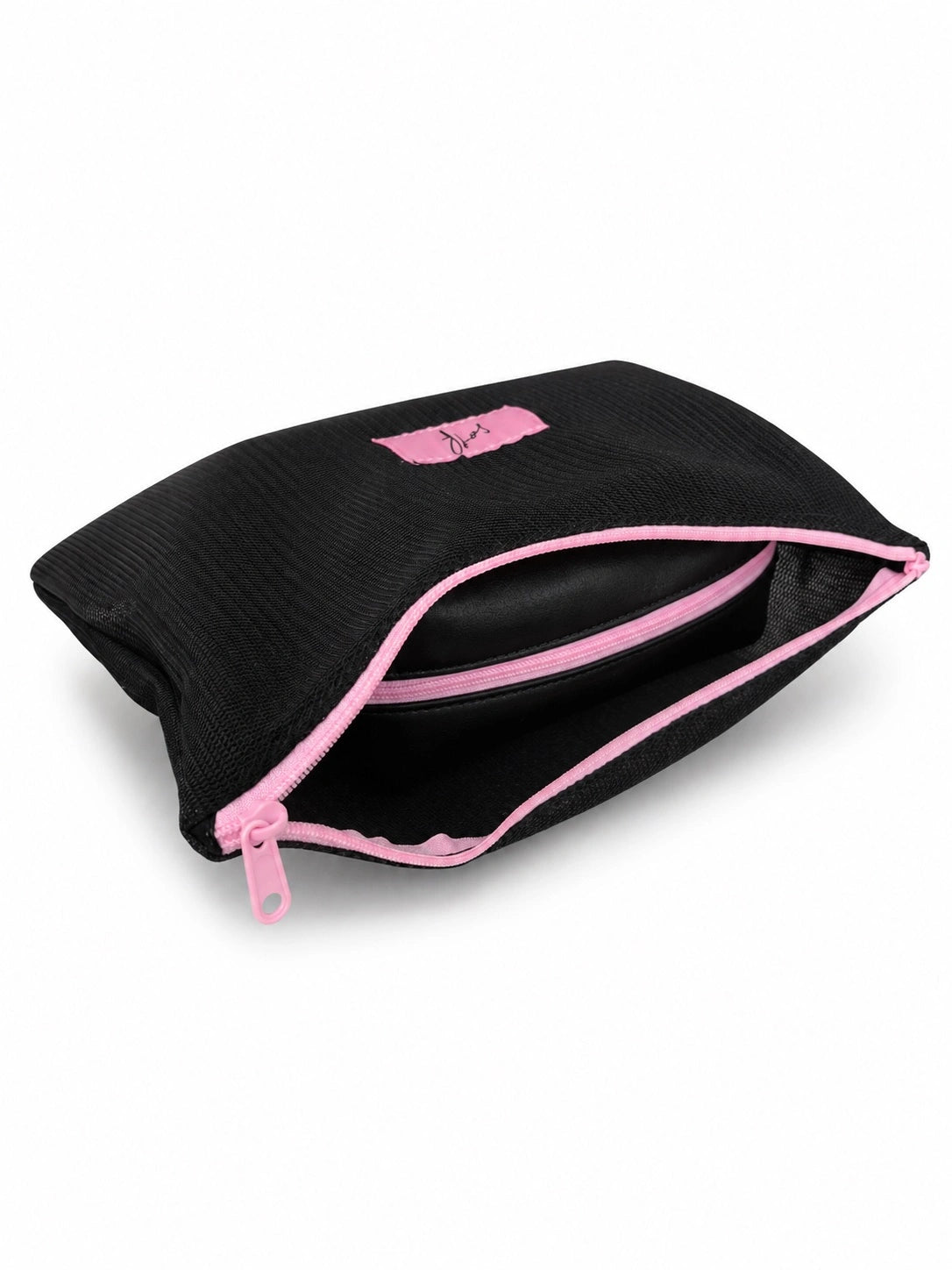 A black textured zippered pouch with pink zipper trim and a small pink logo patch on the front, shown open on a white background.