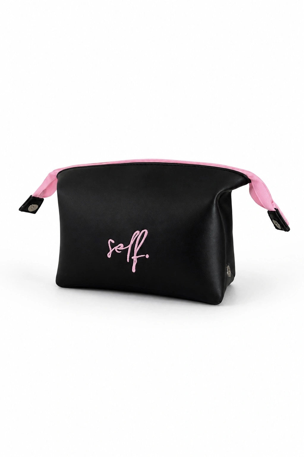 Black pouch with pink interior and 'self' text on a white background