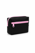 Black pouch with pink zipper on a white background