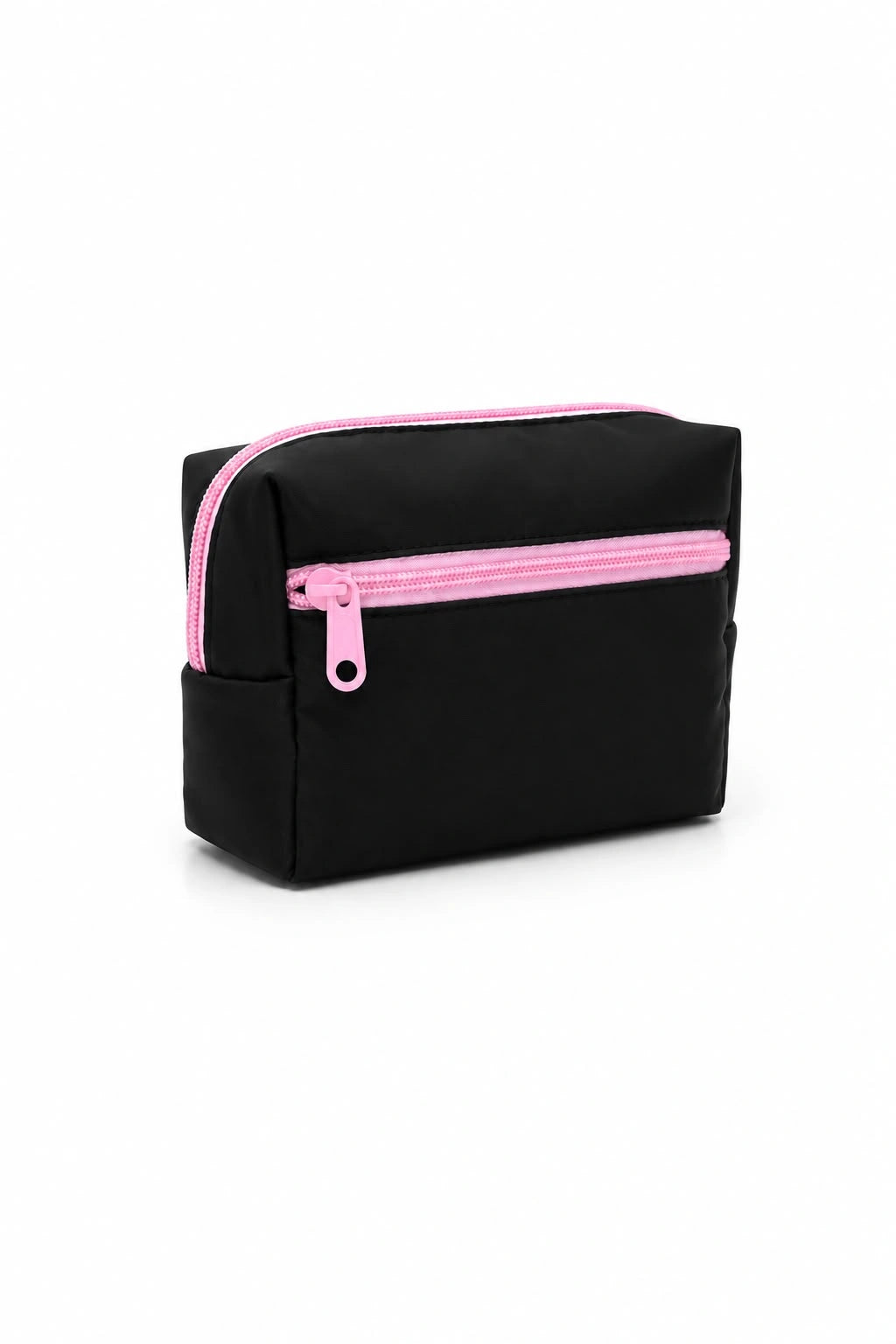Black pouch with pink zipper on a white background