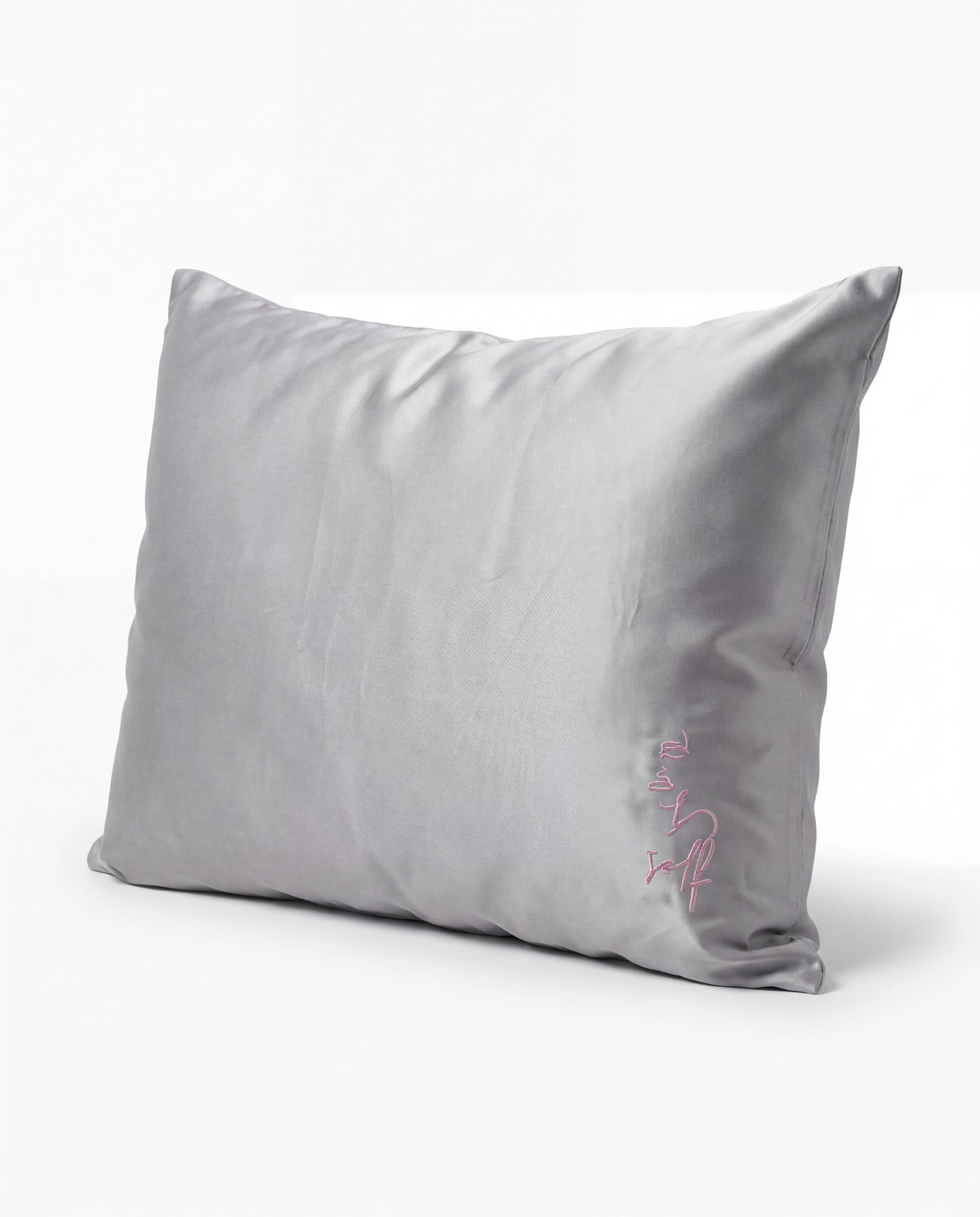 Gray pillow with a brand logo on a white background