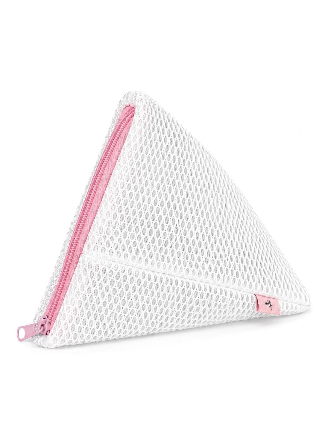 A triangular white mesh pouch with a pink zipper and a small pink logo tab, shown on a plain white background.