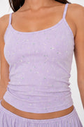 Lavender ribbed tank top with subtle pattern on a plain background