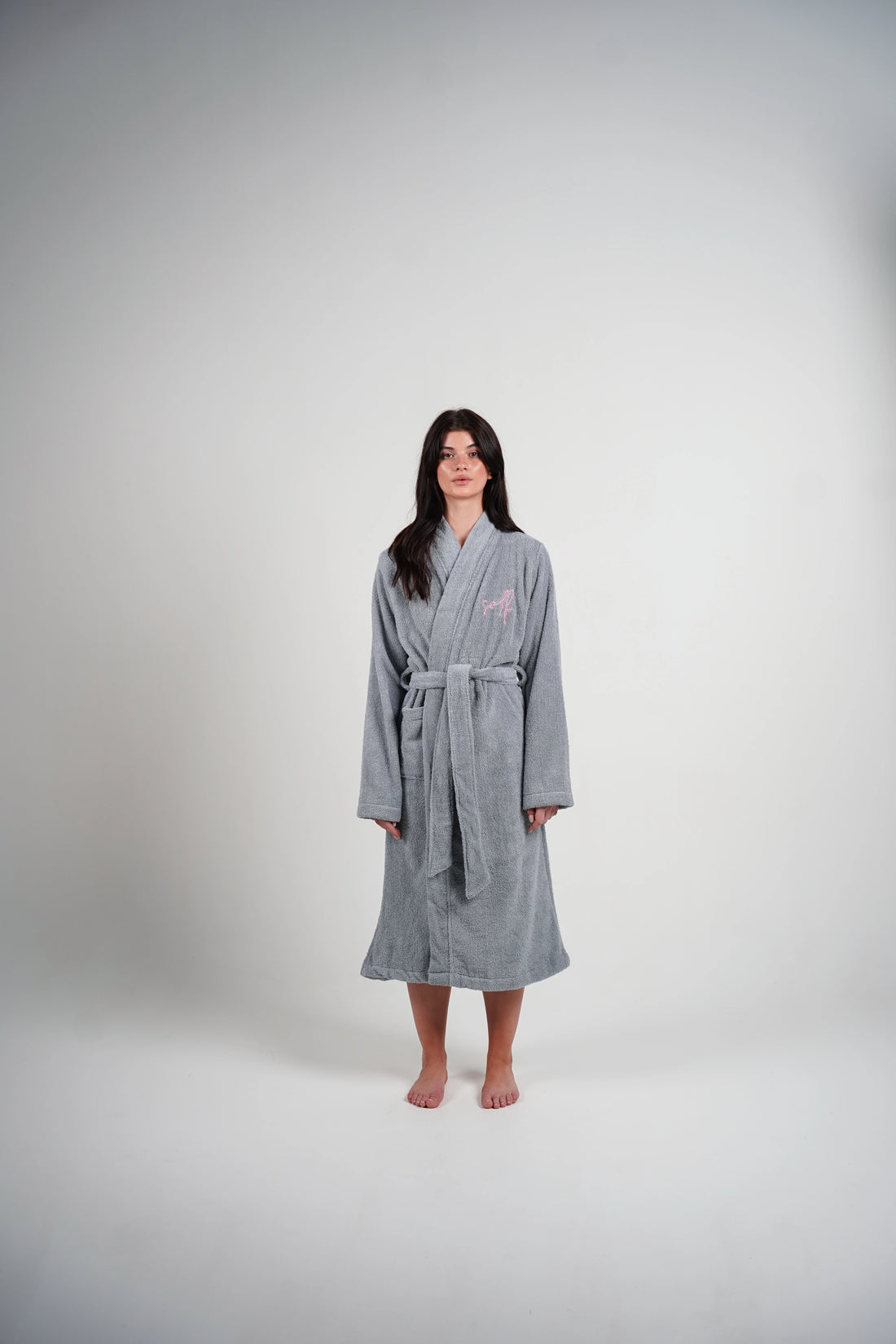 women's bluish grey long bathrobe