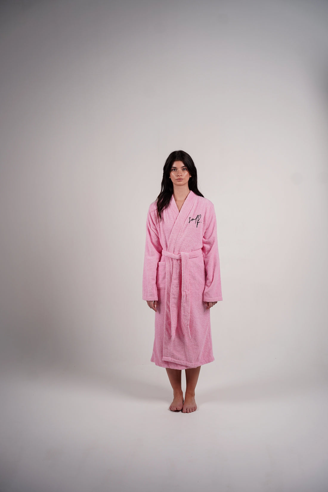 women long pink bathrobe