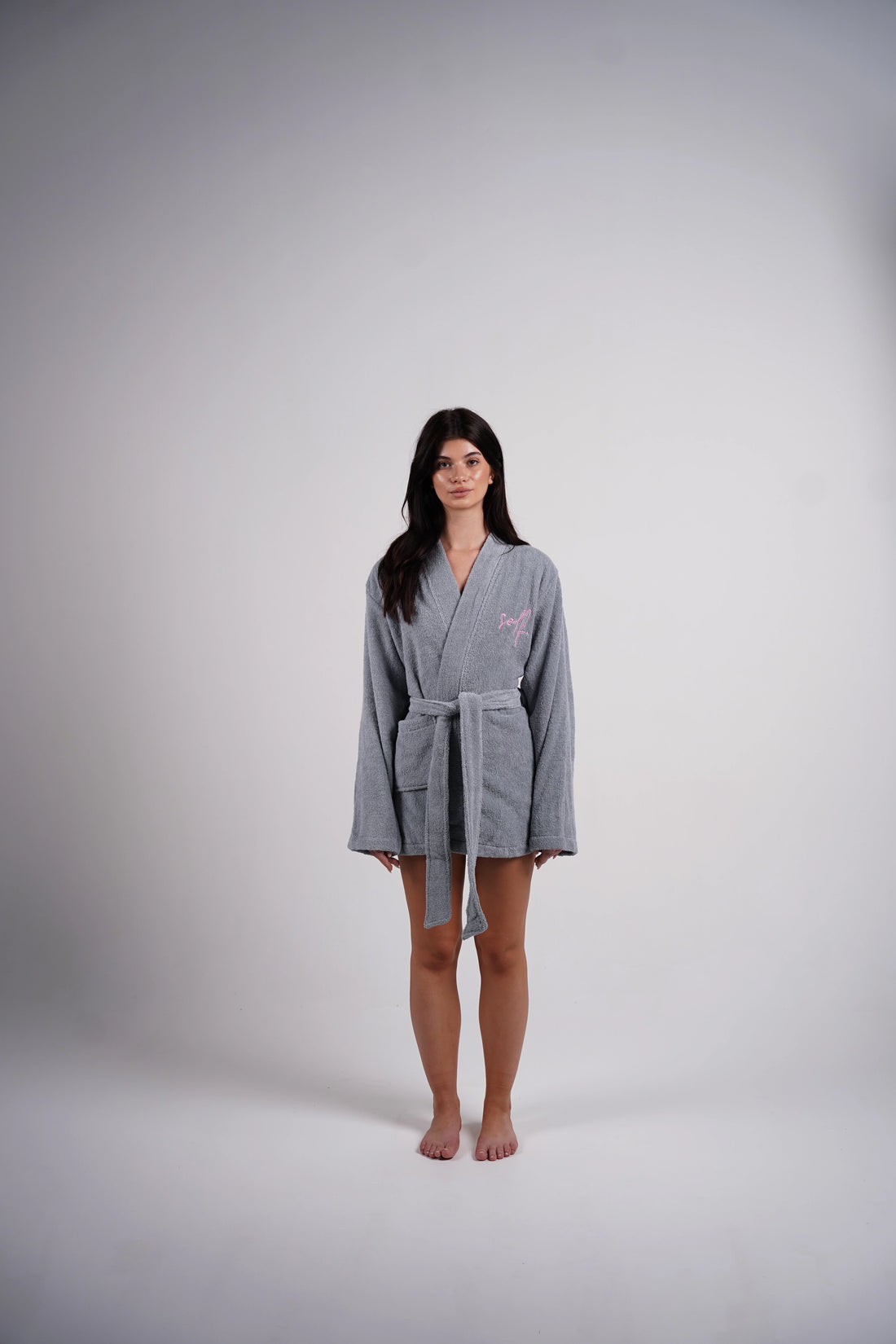 women bluish grey mini bathrobe