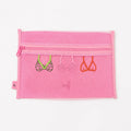 A pink mesh zippered pouch featuring embroidered bikini top designs in green, pink, and orange, shown against a plain white background.