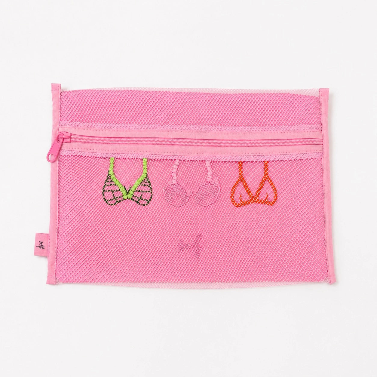 A pink mesh zippered pouch featuring embroidered bikini top designs in green, pink, and orange, shown against a plain white background.