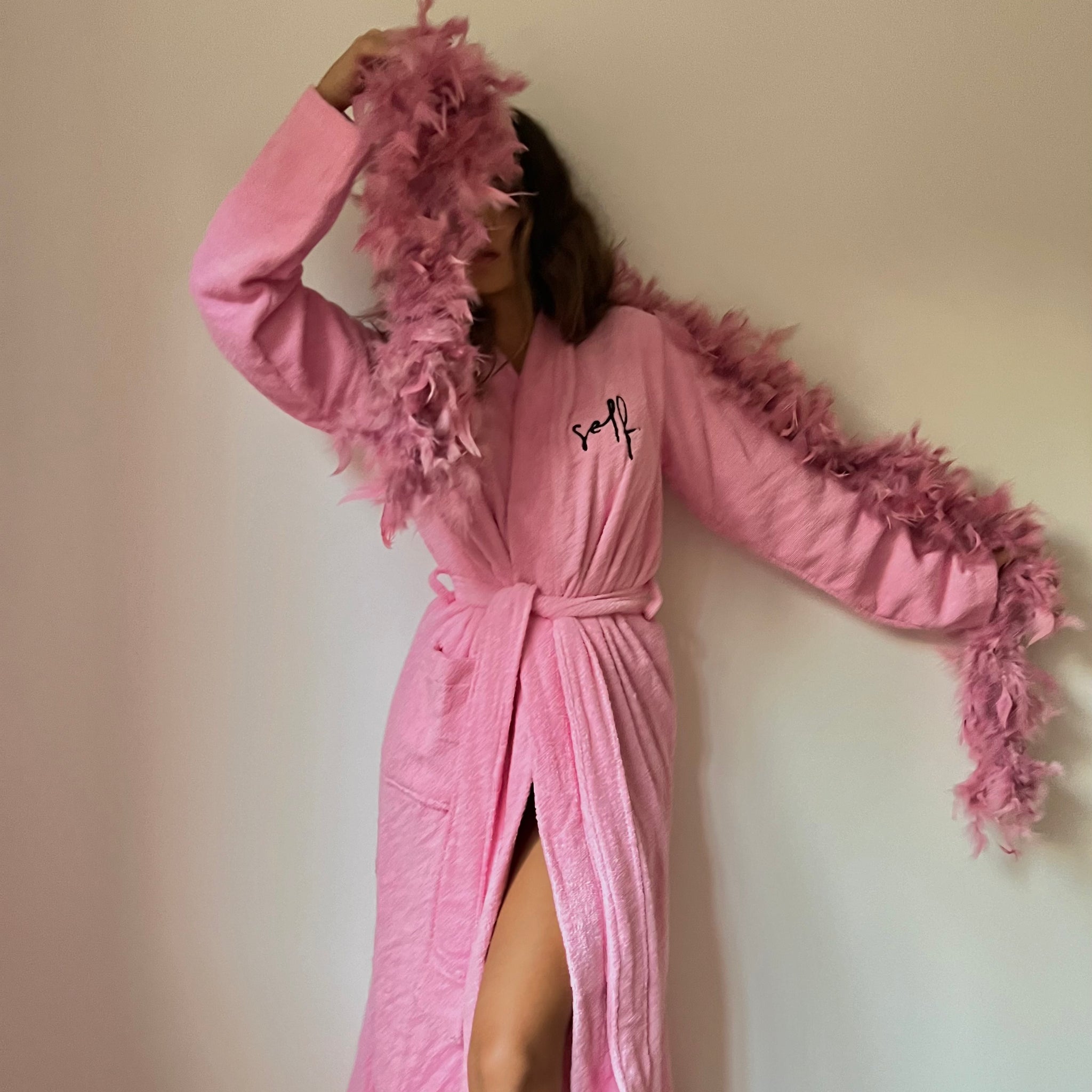 women long pink bathrobe