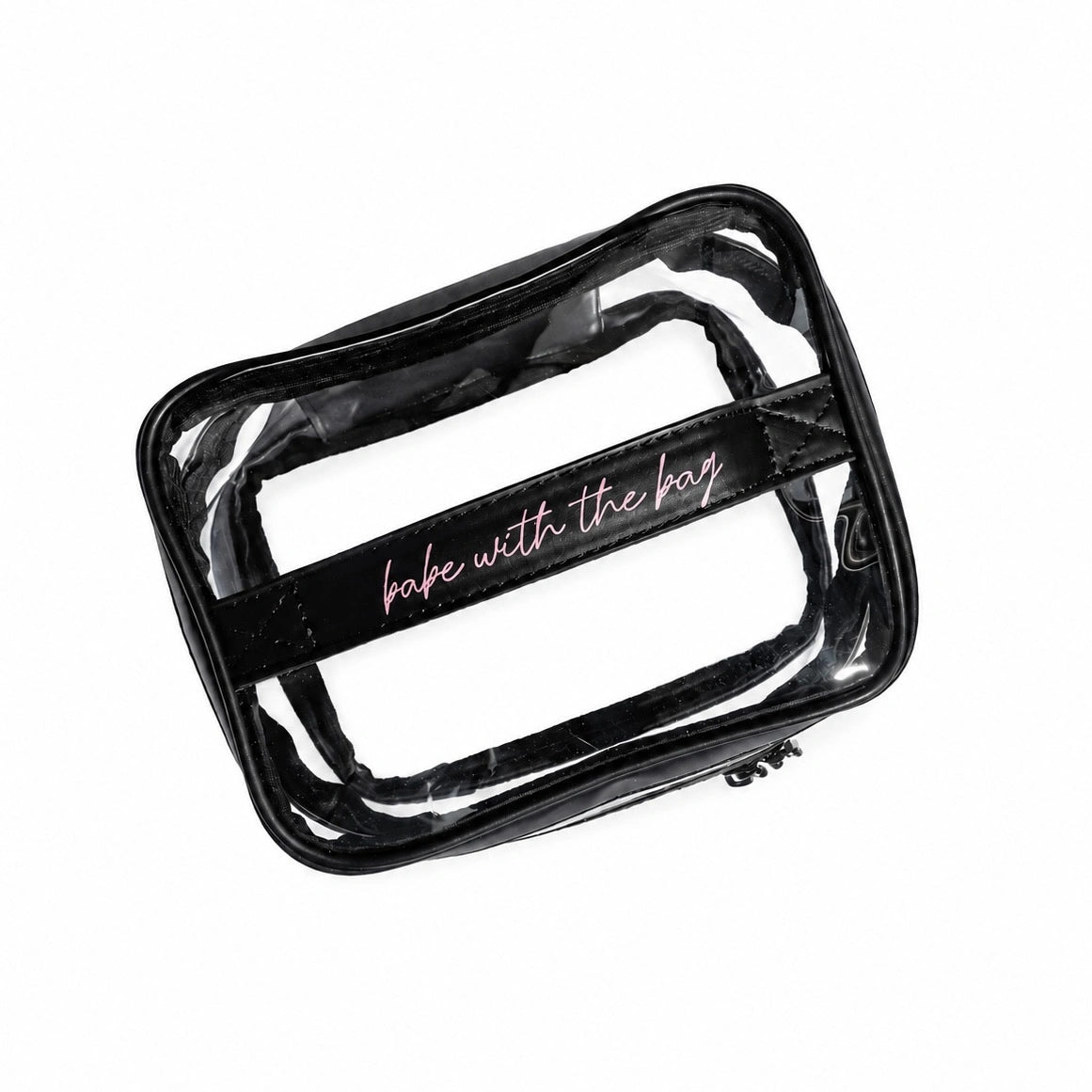 Clear pouch with black border and 'babe with the bag' text on a white background
