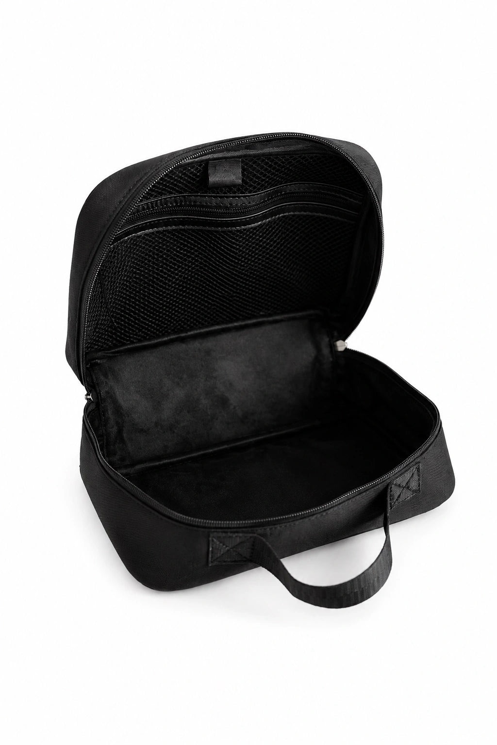 Black backpack with open lid on a white background