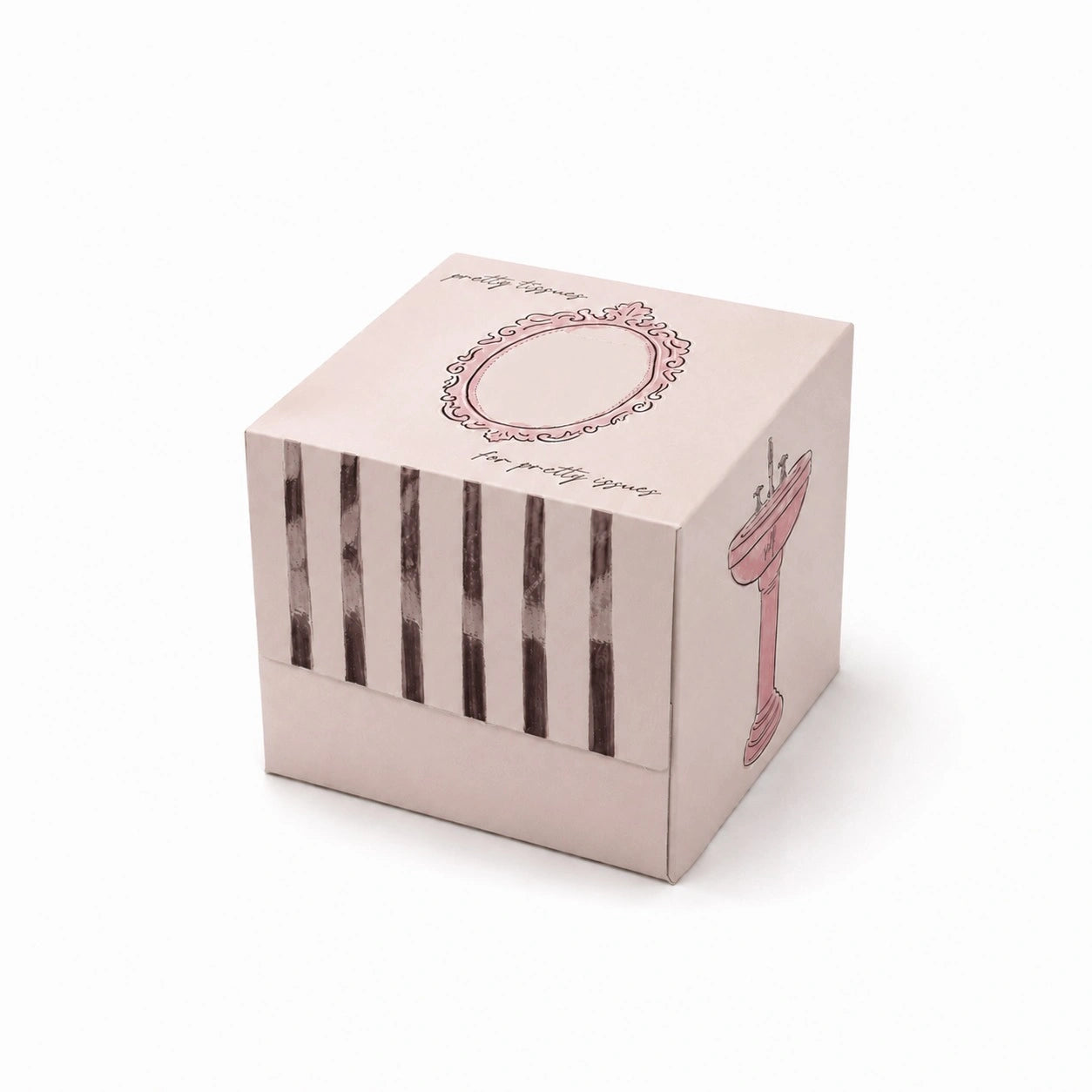 Square pink box with a design on top and striped pattern below, on a white background