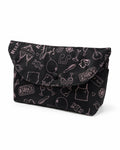 Black pouch with white illustrations on a white background