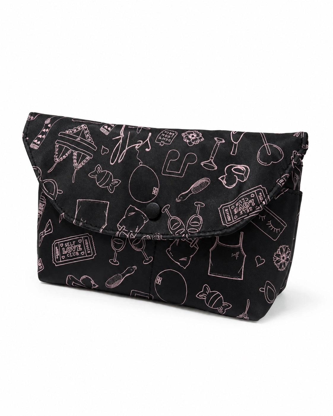 Black pouch with white illustrations on a white background